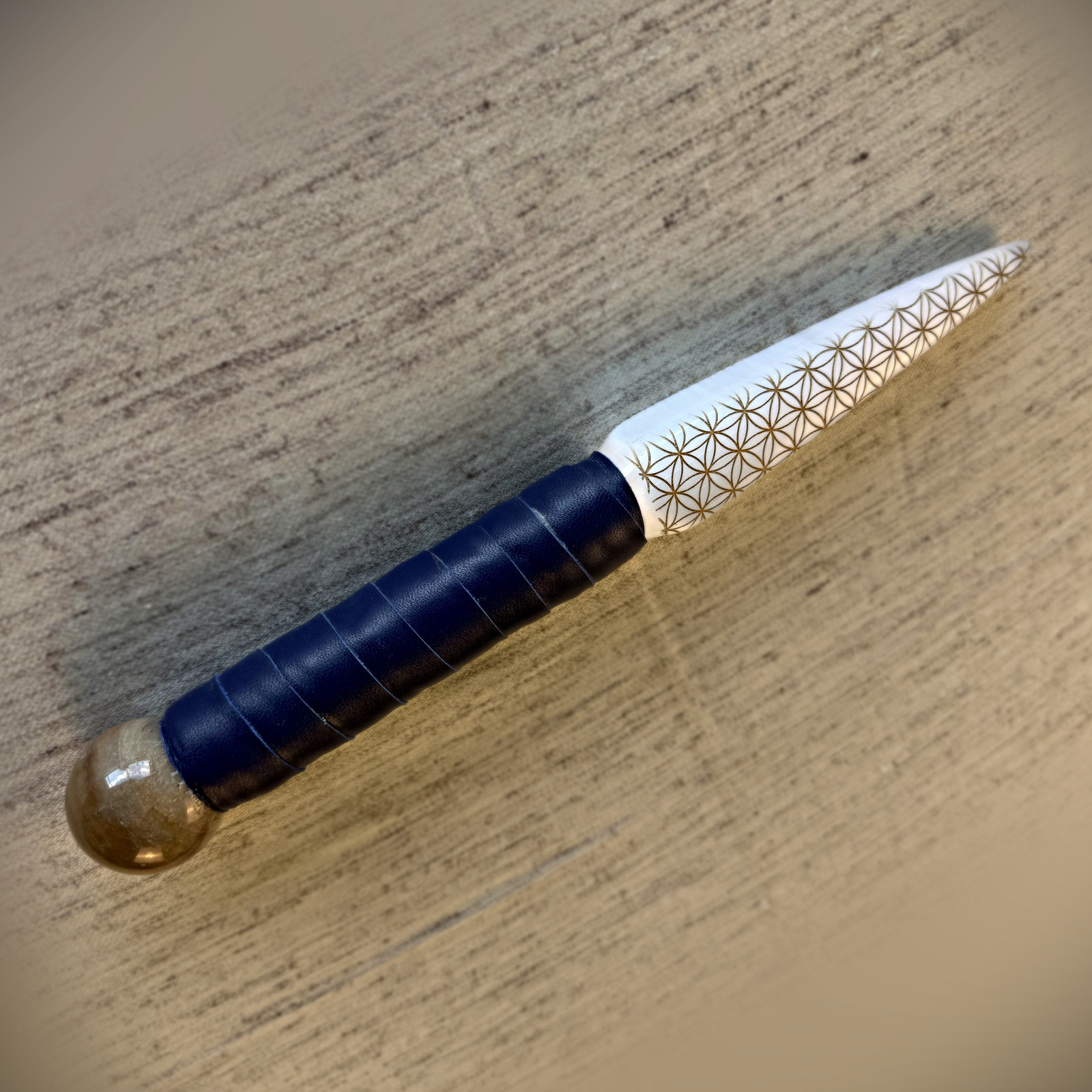 12.75” Flower of Life Sword with Indian Moonstone Sphere, hand-made selenite by Tom Ledder