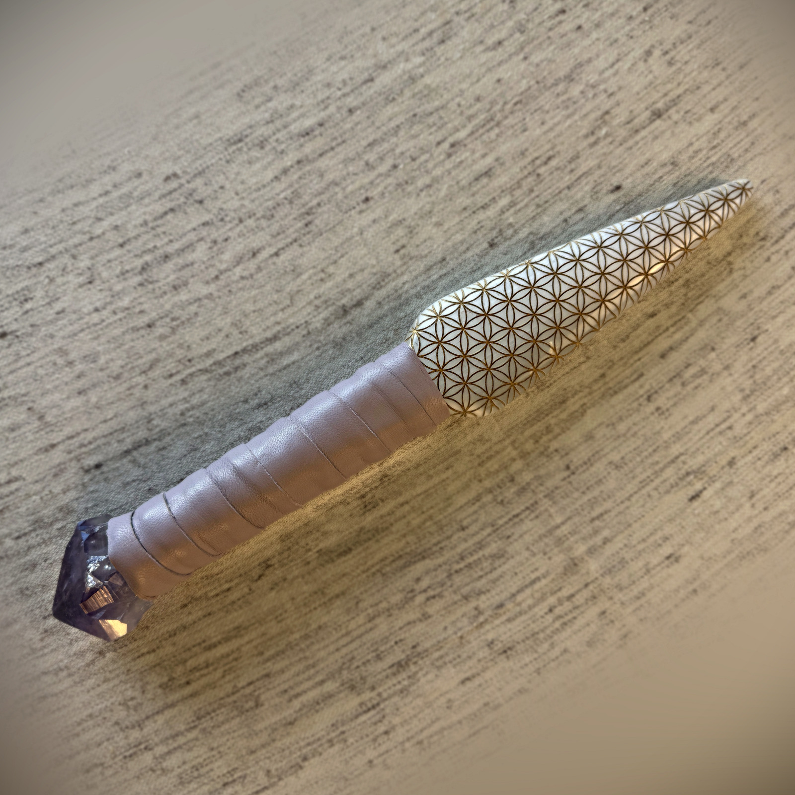 13.5” Flower of Life Sword with Amethyst Flame, hand-made selenite by Tom Ledder