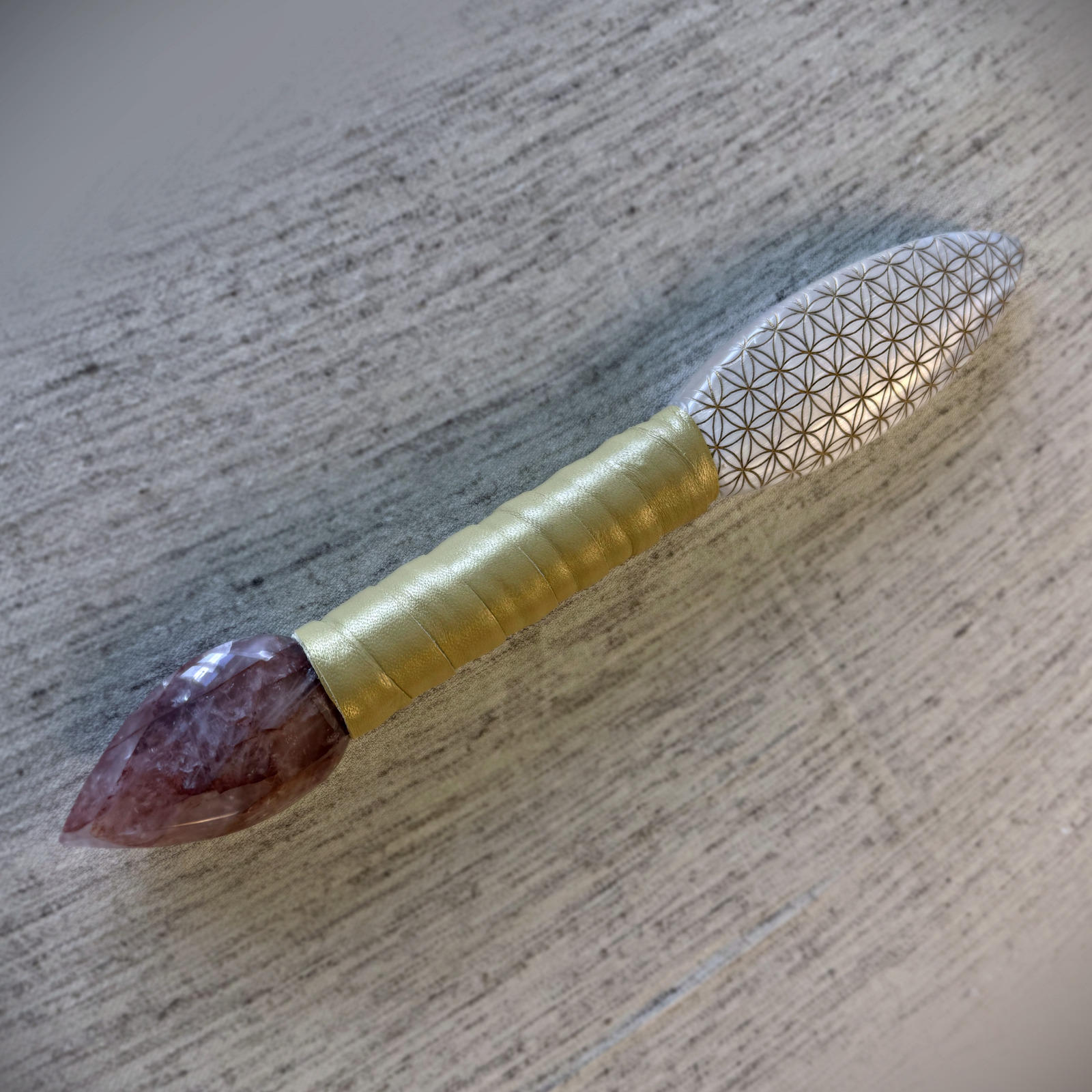 14.5” Flower of Life Sword with Pink Golden Healer Flame, hand-made selenite by Tom Ledder